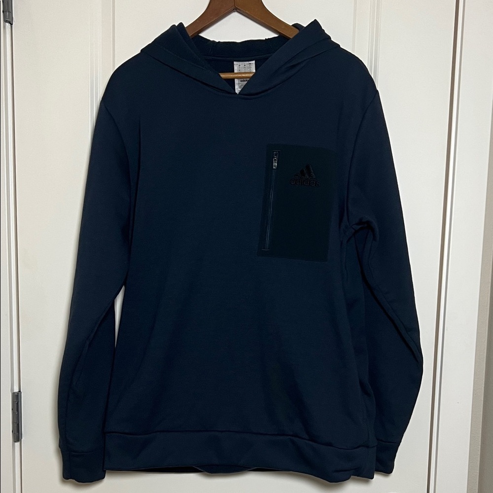 Adidas Sweatshirt Navy Blue Hoodie Chest Zipper Pocket Large - Picture 3 of 7